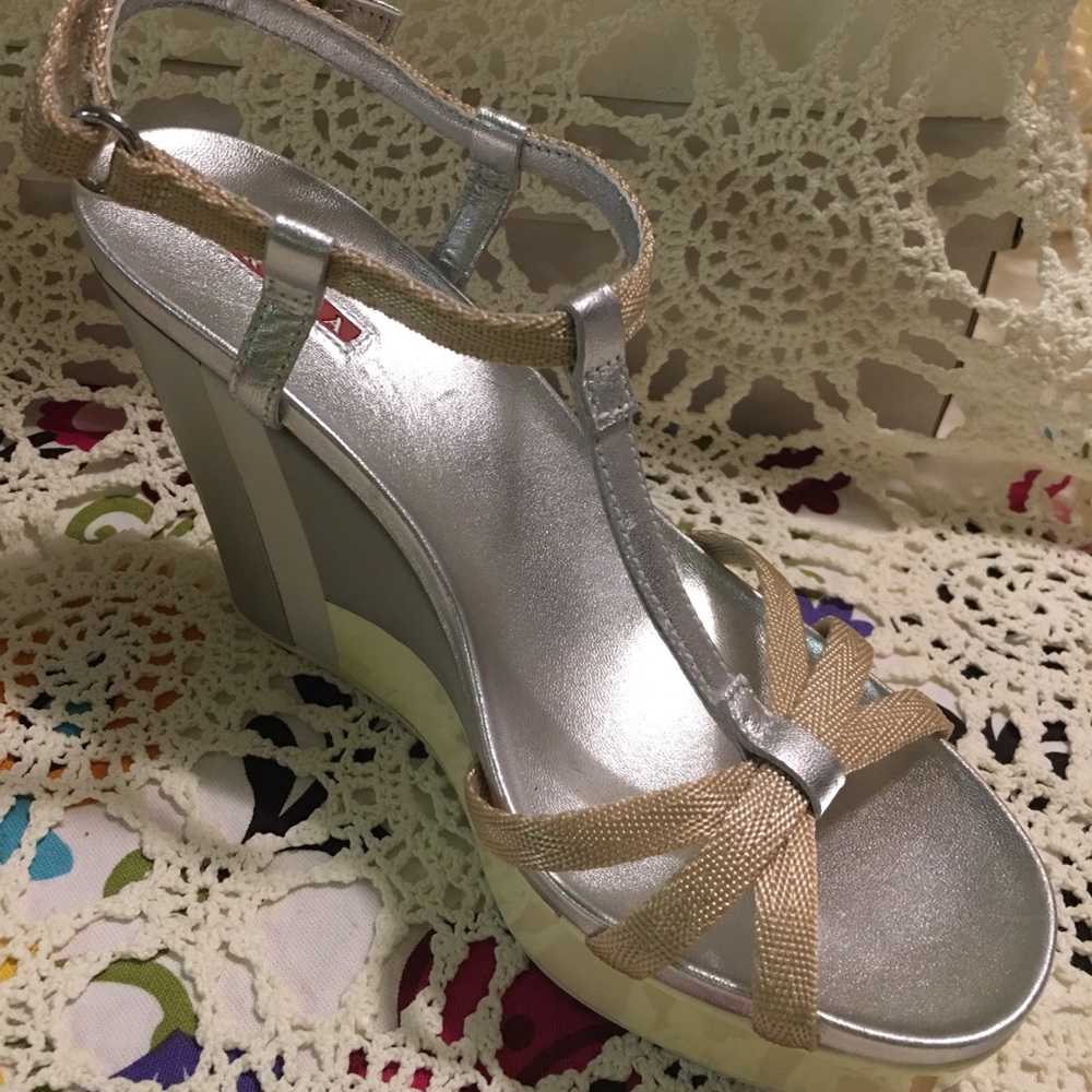 New Prada  nevada ribbon silver wedge shoes